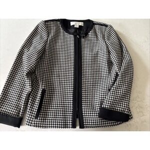 Doncaster 100% Wool Houndstooth Black White Zip Jacket Womens 12 Office Tweed